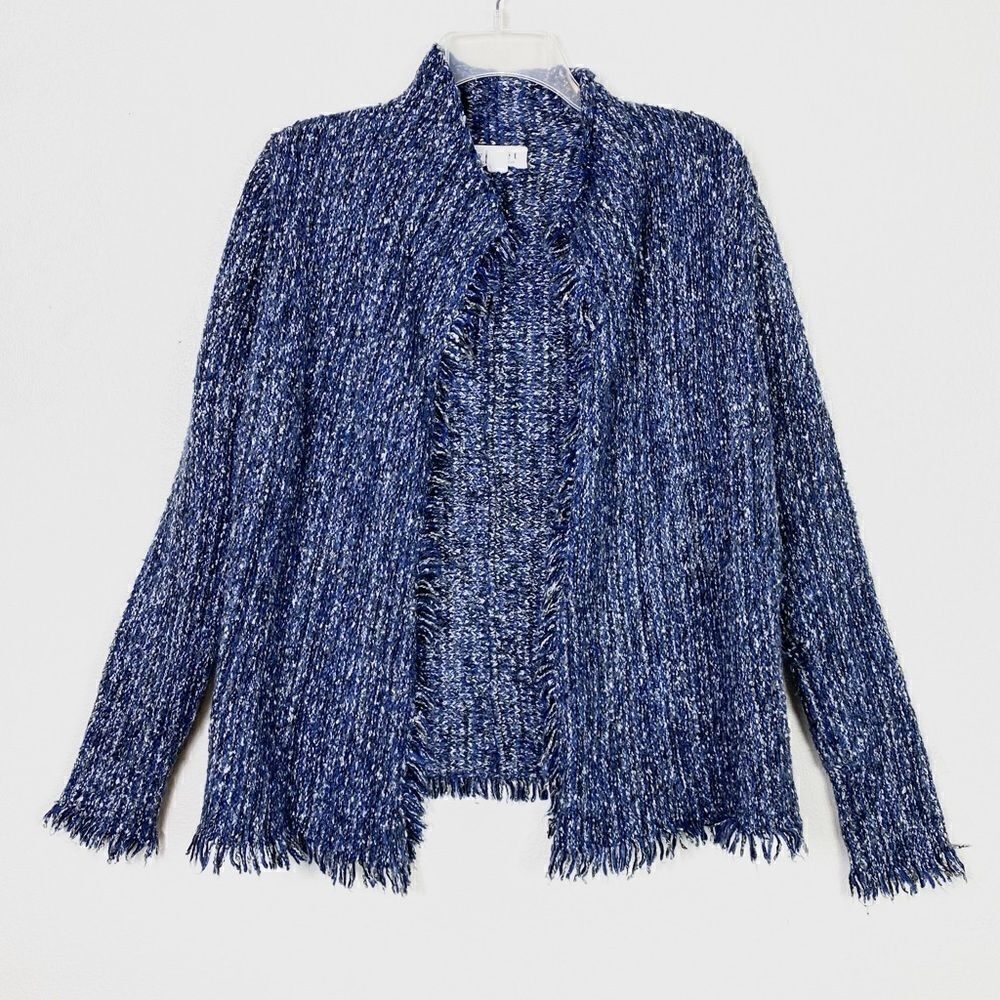 Velvet by Graham & Spencer Blue & Black Fringe Cardigan Sweater